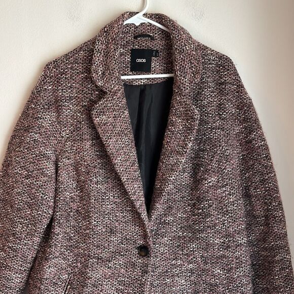 ASOS Tweed Wool Long pink black white oversized dress coat Teddy Jacket 10 EUC - Picture 2 of 9